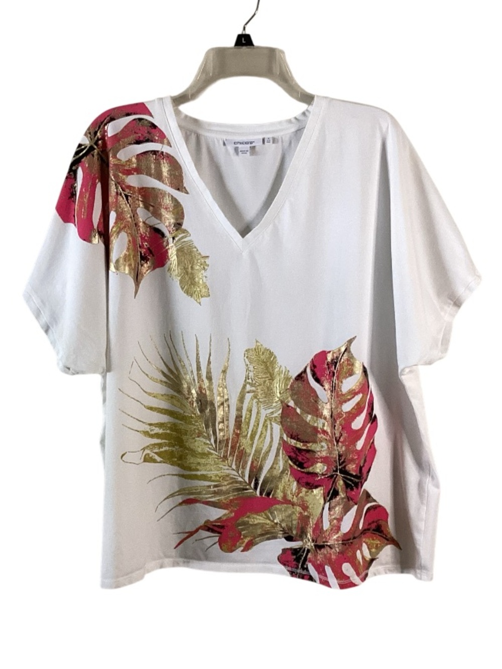 Chico’s Short Sleeve Tee with Gold Metallic Palm Leaf Design XXL